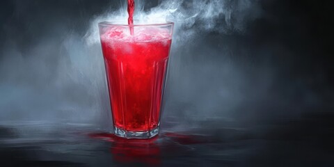A vibrant red drink being poured into a clear glass, surrounded by a misty atmosphere