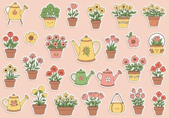 Cute garden stickers, colorful floral arrangements, whimsical teapots and watering cans, pastel pink background