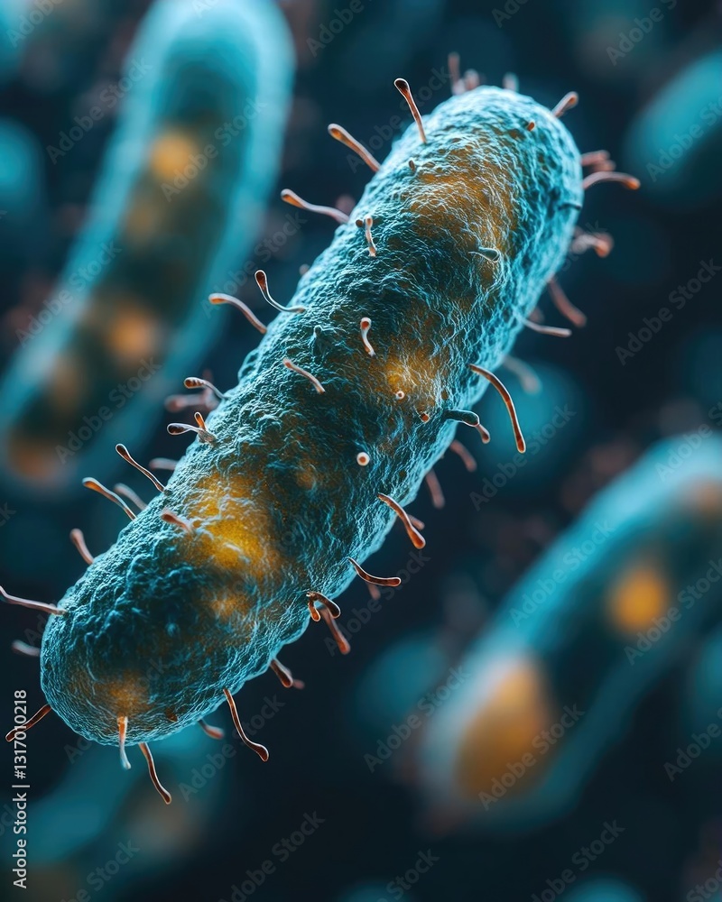 Poster close-up view of a bacterium showcasing its structure and appendages in a scientific context