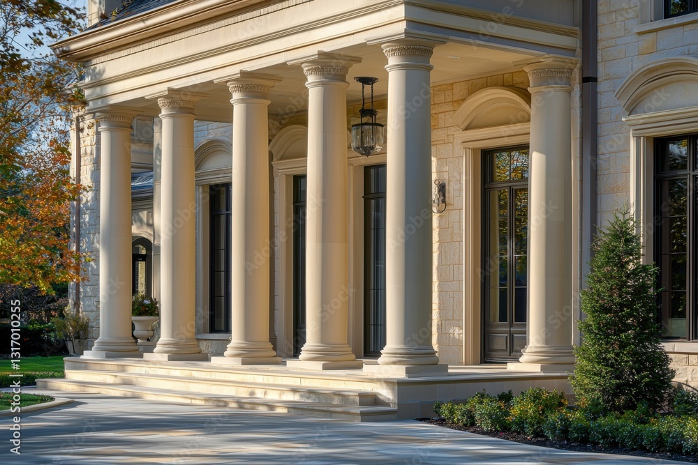 Poster grand classical architecture with majestic columns . a house featuring elegant columns and a promine