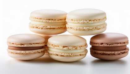 Obraz premium An assorted collection of classic vanilla macarons, with pastel colors and creamy filling, isolated on a white background.