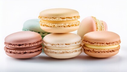 Obraz premium An assorted collection of classic vanilla macarons, with pastel colors and creamy filling, isolated on a white background.
