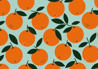 Vibrant orange citrus fruit pattern, retro style illustration, light blue textured background, green and dark leaves, repeating motif, cheerful summer design