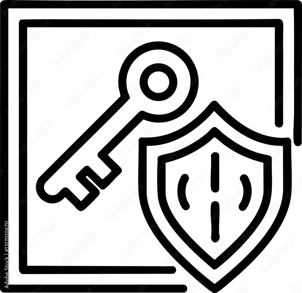 Poster security key and shield icon representing protection and safety.
