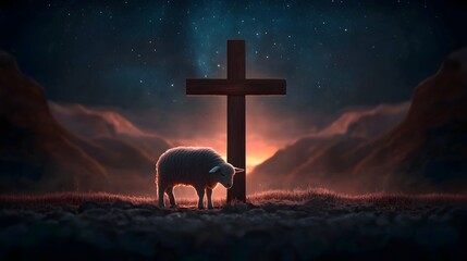 A touching image of a lamb standing solemnly beside an aged wooden cross bathed in a divine glow under the starry night sky  Rolling mist drifts across the hill