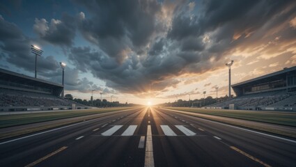 Beautiful Sunset Over an Empty Racetrack Surrounded by Stadiums and Dramatic Clouds