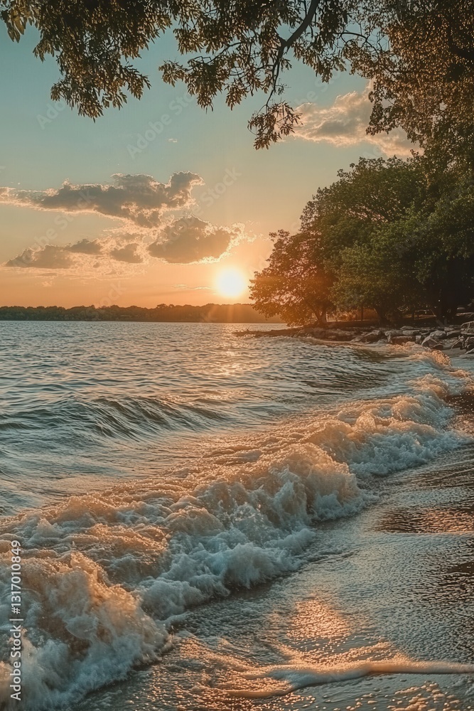 Poster serene sunset over tranquil lake with gentle waves lapping the shore and golden light filtering thro