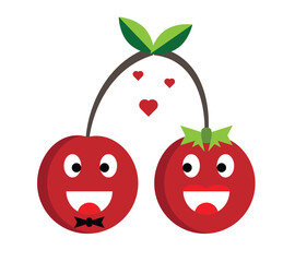 A Couple of Two Loving Ripe Cherries with Hearts. Love and relationship. Juicy fruits concept vector art