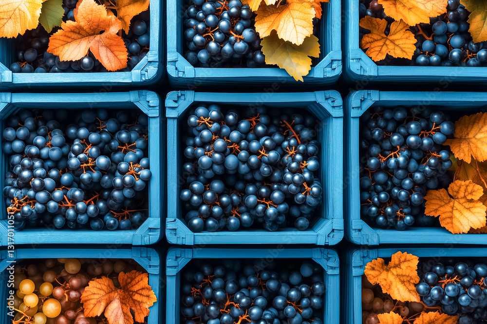 Aufkleber neatly organized grapes in blue crates create a captivating visual. the vibrant colors and smooth te
