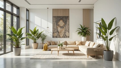 Bright and Spacious Living Room with Modern Furniture and Green Plants in a Contemporary Style