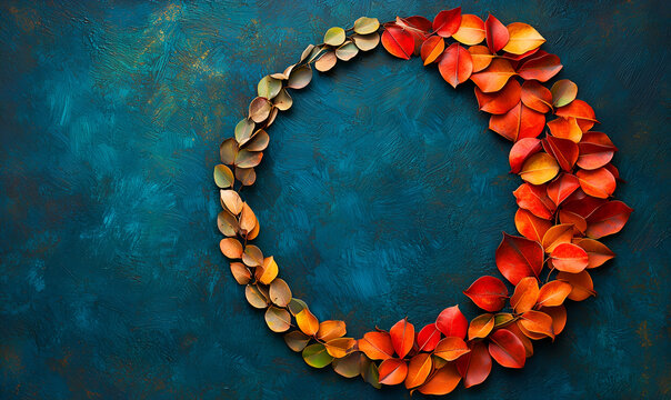 A circular arrangement of vibrant autumn leaves on a textured blue background, creating a striking contrast and natural elegance.