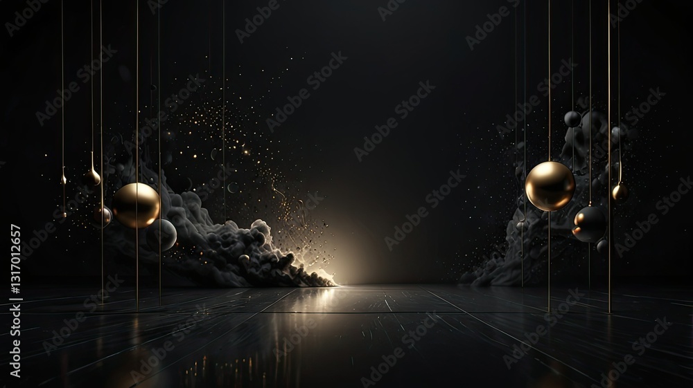 Poster golden spheres hang in a dark setting illuminated by a soft glow amidst swirling clouds creating a c