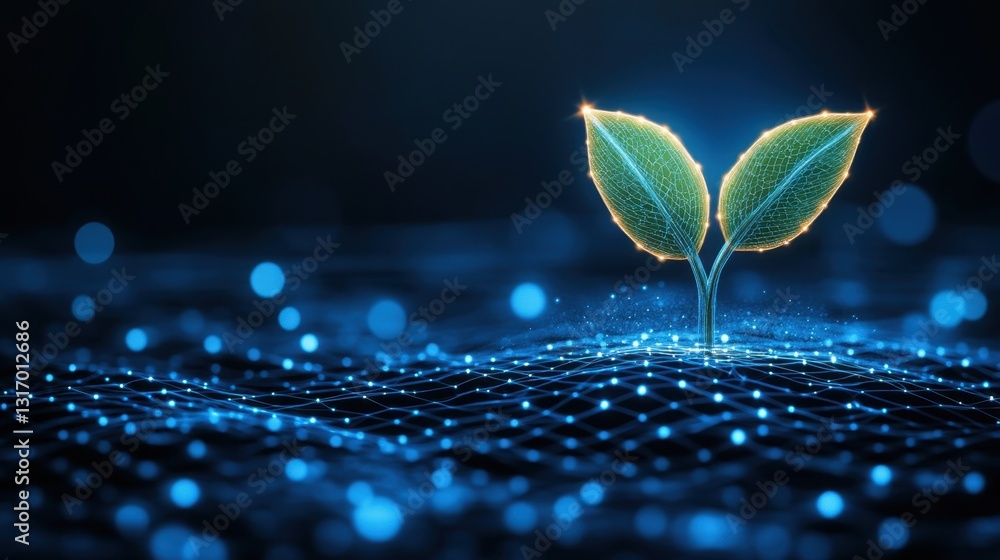 Poster digital sprout emerging from network illuminated by glowing nodes on a dark background symbolizing g