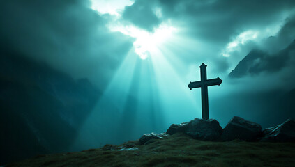 Naklejka premium a cross is silhouetted against the sky,