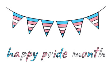 Obraz premium Colorful garland Transgender pride flag Happy pride day LGBTQIA community Pride Month Vector hand drawn doodle for posters, stickers, logo, cards