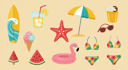 Obraz premium Summer icons, beach essentials, colorful illustrations, flat design, surfboard, lemonade, umbrella, starfish, ice cream, watermelon, flamingo float, swimsuit