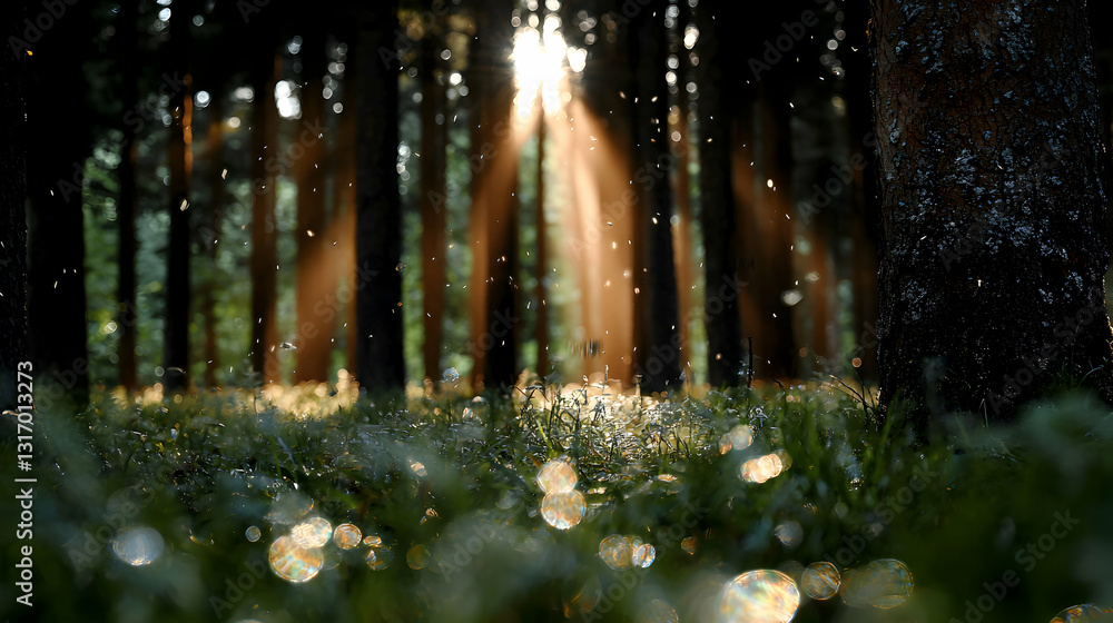 Poster sunlight streams through a forest illuminating plants and trees