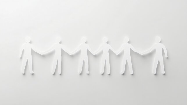 Minimalistic paper cutouts of people, simple silhouettes lined up, illustrating unity and collaboration, ample space for text.