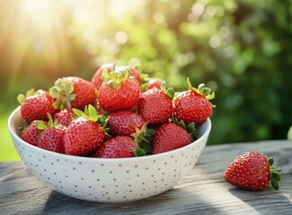 Serving of Fresh Strawberries in a Bowl on a Wooden Table