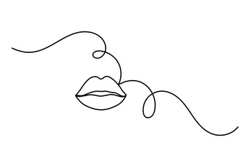 Obraz premium Lips one line art drawing on black and white isolated vector background