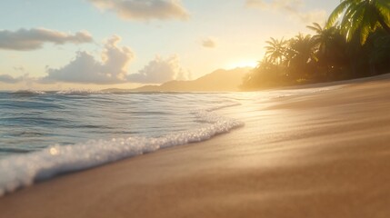 Obraz premium Serene beach at sunrise, golden sands meeting gentle waves, lush greenery in the background, perfect for relaxation and inspiration.