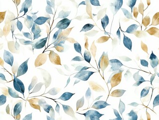 Elegant Watercolor Foliage Pattern – Muted Blue-Green and Gold Leaves on White Background, Seamless Botanical Design for Fabric, Wallpaper, and Prints