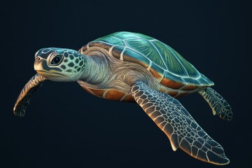Fototapeta premium Green sea turtle swimming in deep blue ocean 3D illustration swimming turtle . A green sea turtle gracefully swims through the clear blue waters of the ocean,