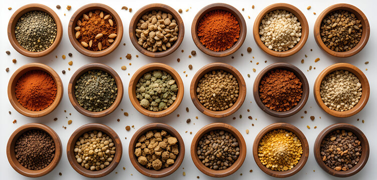 A collection of twelve wooden bowls filled with various dried spices, seeds, herbs, and powders, including cumin, flaxseeds, pink peppercorns, hemp seeds, and herbal blends for culinary and medicinal  - Powered by Adobe