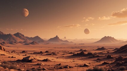 Expansive Desert Landscape Under a Stunning Sunset with Distant Planets in the Sky