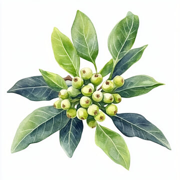 Watercolor hand-drawn white bayberry branch with leaf painting illustration isolated on a white background, plant and fruits illustration painting, AI, Watercolor hand-painting, AI illustration
