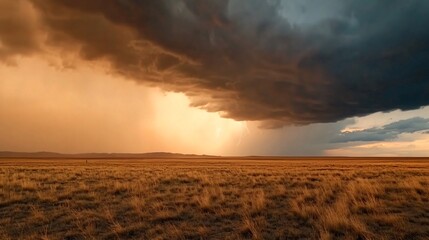Dramatic sunset over a vast landscape, dark storm clouds contrasting with golden light, perfect for nature themes.