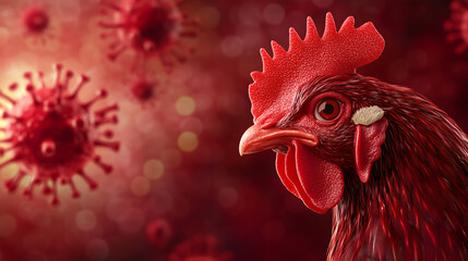 H5N1 Bird Flu. Chicken surrounded by virus elements representing h5n1 bird flu outbreak.