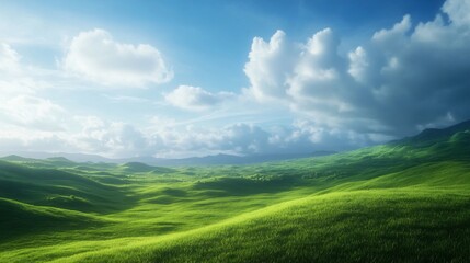 Obraz premium Lush green landscape, expansive rolling hills under a bright blue sky with fluffy clouds, serene and tranquil nature setting.
