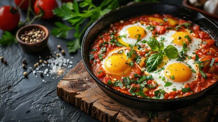 Delicious Shakshuka with Fresh Herbs and Eggs in a Rustic Cast Iron Pan on a Wooden Board