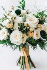 A close-up of exquisitely arranged white roses and hydrangeas intertwined with golden hues, set against lush greenery, capturing elegance and natural beauty