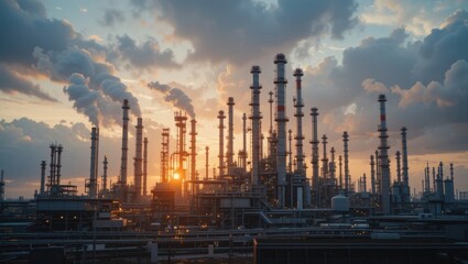 Industrial Refinery Silhouetted Against a Vibrant Sunset Sky with Smokestacks and Clouds