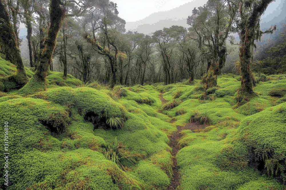 Poster lush mossy forest floor with ancient trees creating a serene and enchanting landscape in a misty woo