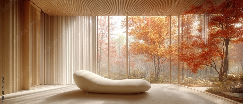 Aufkleber serene interior with modern couch and autumnal forest view through expansive window creating a tranq