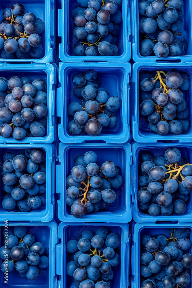 Poster neatly organized grapes fill blue crates, highlighting their vibrant color and smooth texture. this 