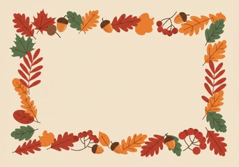 Autumn leaves frame, colorful fall foliage border, oak leaves, maple leaves, acorns, berries, botanical illustration, warm colors, orange, red, green, beige background