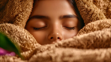 A young persons face softly framed by warm fabric
