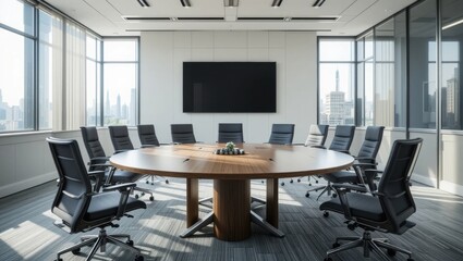 Modern Conference Room with Round Table and Panoramic City View in a Business Setting