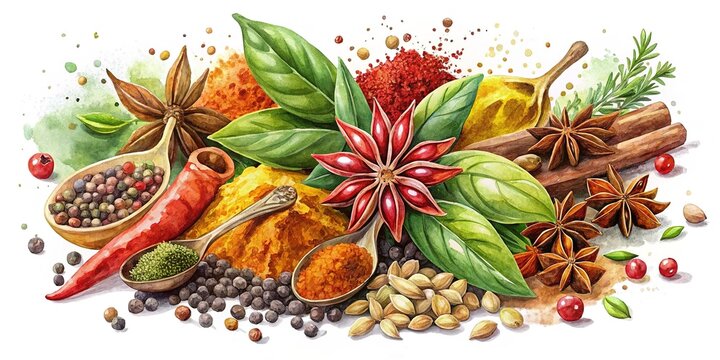 Vibrant watercolor spices, sharp detail, AI generated.