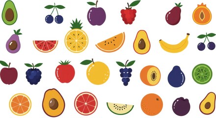 Obraz premium Colorful fruit illustrations, flat design, vibrant colors, white background, tropical fruits, berries, citrus, hand-drawn style, diverse produce, healthy food icons