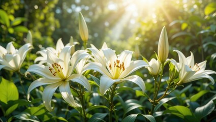 Fototapeta premium Morning Light Illuminating Blooming White Lilies in a Lush Green Garden with Sun Rays