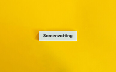 Summary Word in Dutch Language. Text on Block Letter Tile on Yellow Background. Minimal Aesthetic.