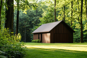 A charming wooden cabin surrounded by lush green trees in a tranquil forest setting.