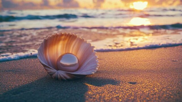 A pearl in a seashell on the beach at sunset, tranquil beauty concept