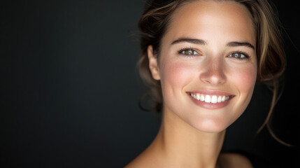 Naklejka premium A cheerful young woman smiling brightly against a dark background.