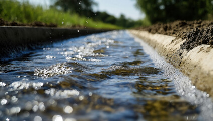 Fototapeta premium Sunny day: Water flows in a long concrete canal, irrigating a nearby field for vital crop growth and successful farming